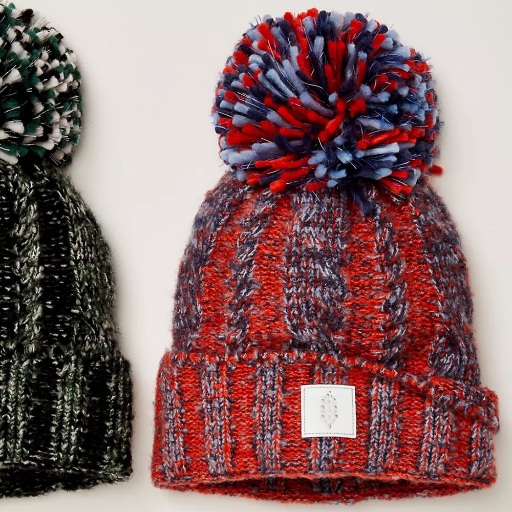 Free People FP MOVEMENT Pom Party Reflective Beanie Red Blue combo NWOT